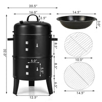 3-In-1 Vertical Charcoal Smoker Portable BBQ Smoker Grill With