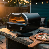 12 In. Propane Pizza Oven, Outdoor Pizza Oven in Black with Rotating Pizza Stone, Glove and Pizza Cutter — Studio Shot