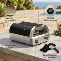 12 In. Propane Pizza Oven, Outdoor Pizza Oven in Black with Rotating Pizza Stone, Glove and Pizza Cutter — infographic