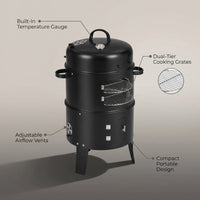 3-In-1 Vertical Charcoal Smoker Portable BBQ Smoker Grill — infographic