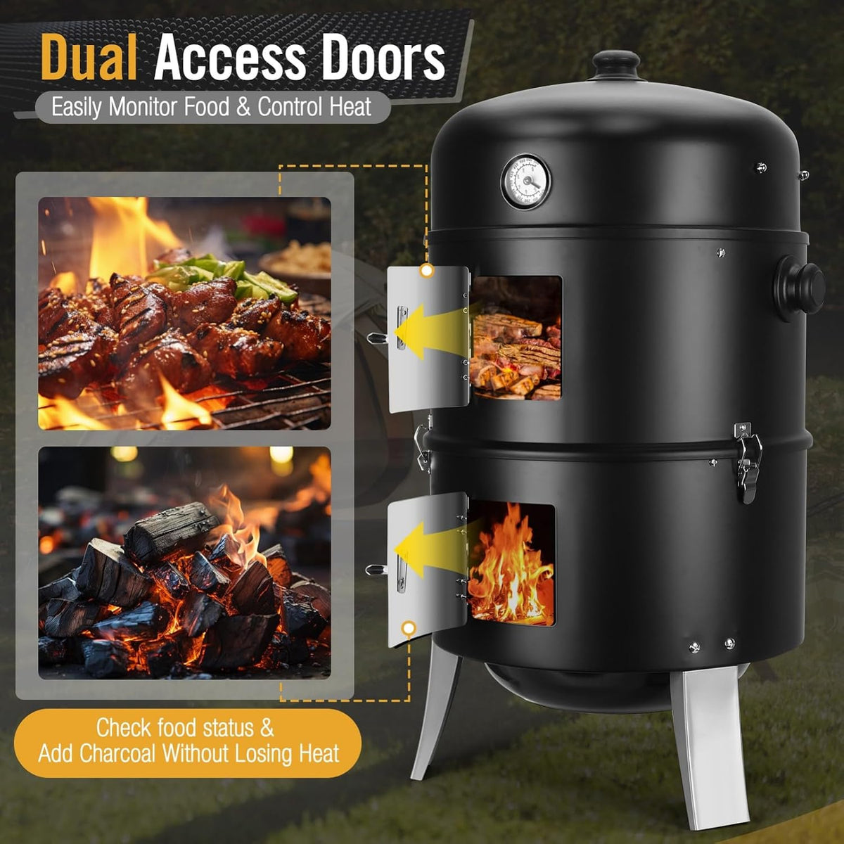 BBQ Charcoal Smoker for Meat: 16 Inch Heavy Duty 4 in 1 BBQ Charcoal Grills | Vertical Barbecue Smokers Grill Combo for Outdoor Cooking Patio Backyard Picnic Party Grilling
