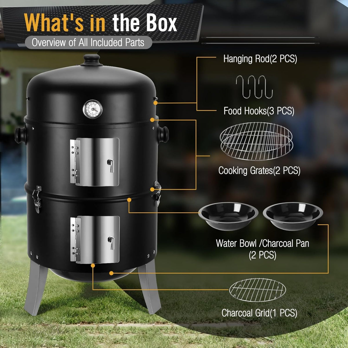 BBQ Charcoal Smoker for Meat: 16 Inch Heavy Duty 4 in 1 BBQ Charcoal Grills | Vertical Barbecue Smokers Grill Combo for Outdoor Cooking Patio Backyard Picnic Party Grilling
