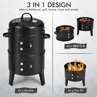 3-In-1 Vertical Charcoal Smoker Portable BBQ Smoker Grill With