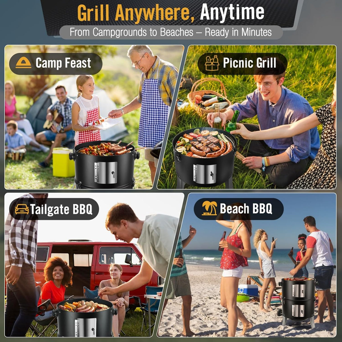 BBQ Charcoal Smoker for Meat: 16 Inch Heavy Duty 4 in 1 BBQ Charcoal Grills | Vertical Barbecue Smokers Grill Combo for Outdoor Cooking Patio Backyard Picnic Party Grilling