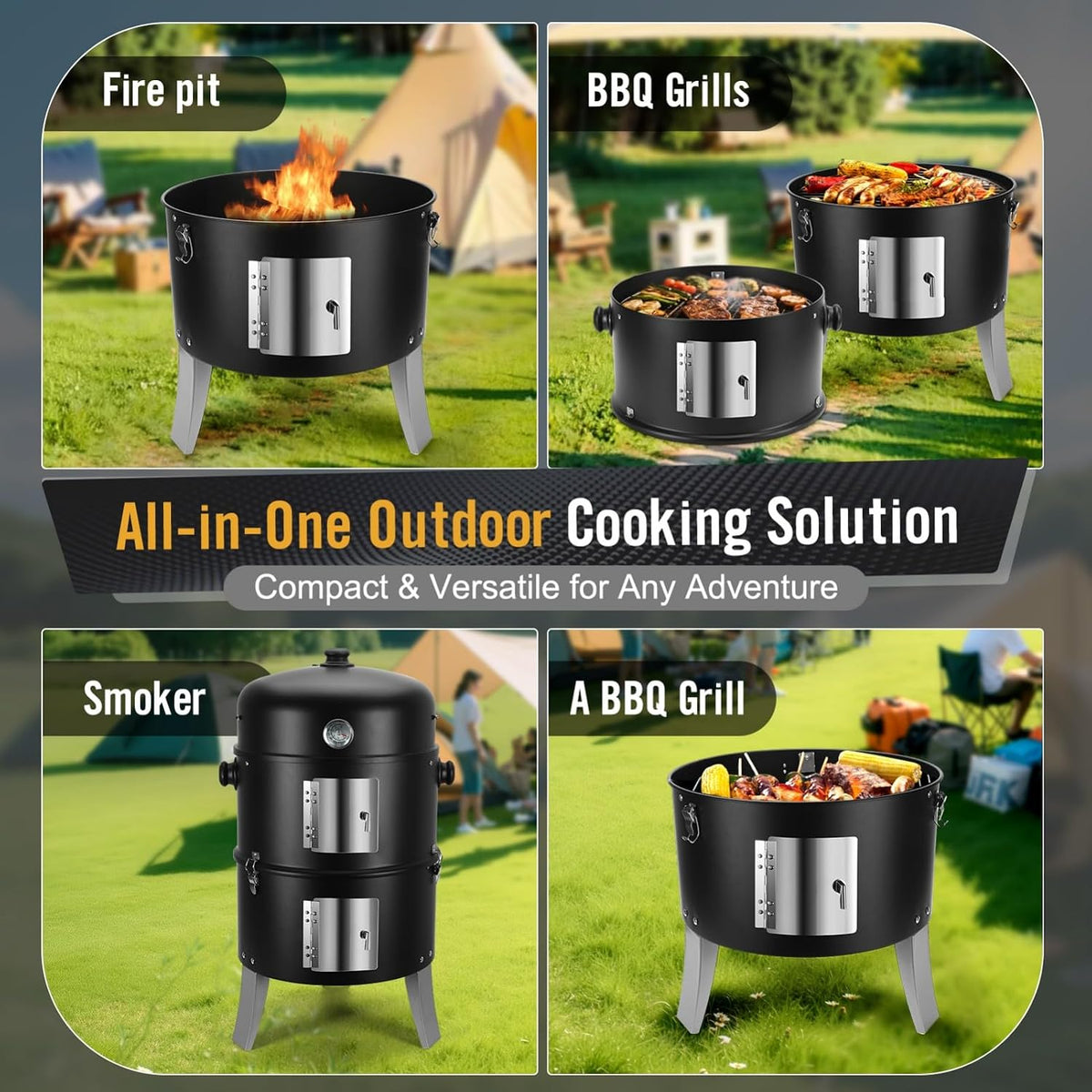 BBQ Charcoal Smoker for Meat: 16 Inch Heavy Duty 4 in 1 BBQ Charcoal Grills | Vertical Barbecue Smokers Grill Combo for Outdoor Cooking Patio Backyard Picnic Party Grilling