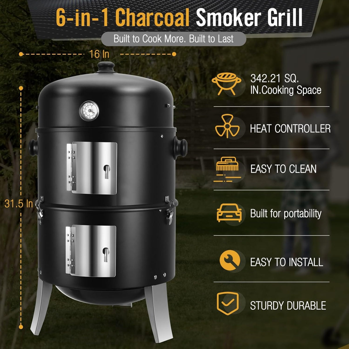 BBQ Charcoal Smoker for Meat: 16 Inch Heavy Duty 4 in 1 BBQ Charcoal Grills | Vertical Barbecue Smokers Grill Combo for Outdoor Cooking Patio Backyard Picnic Party Grilling