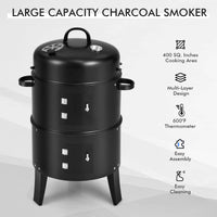 3-In-1 Vertical Charcoal Smoker Portable BBQ Smoker Grill With